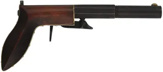 Ruggle Pistol, 
.38 caliber 5" octagon-to-round barrel,
percussion underhammer, walnut, 
new, unfired, by Rod Olsen